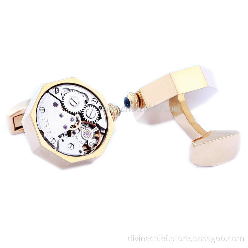 2015 Best Selling Men Movement Cufflinks, Golden Plated Stainless Steel Watch Cufflinks